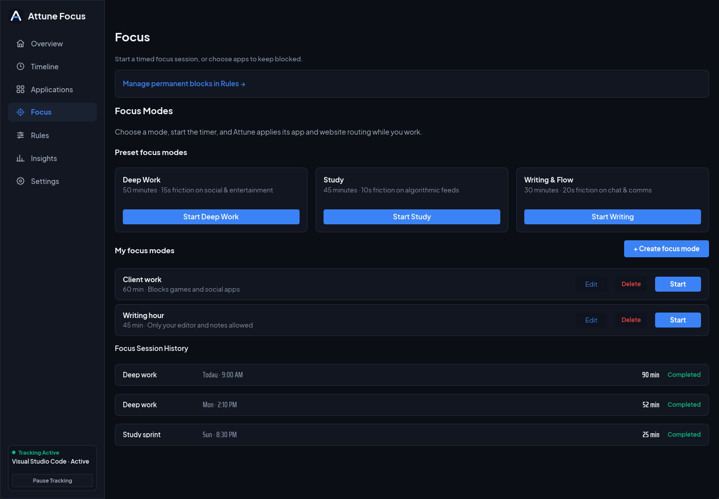 Attune Focus Focus screen with sample data