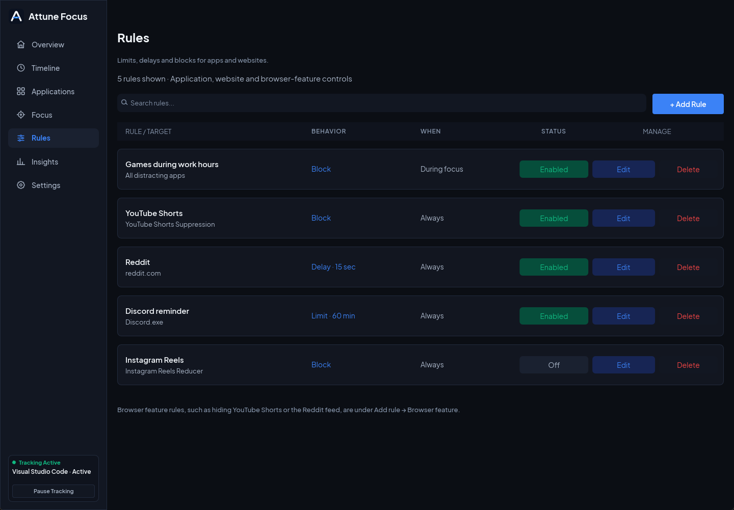 Attune Focus Rules screen with sample data